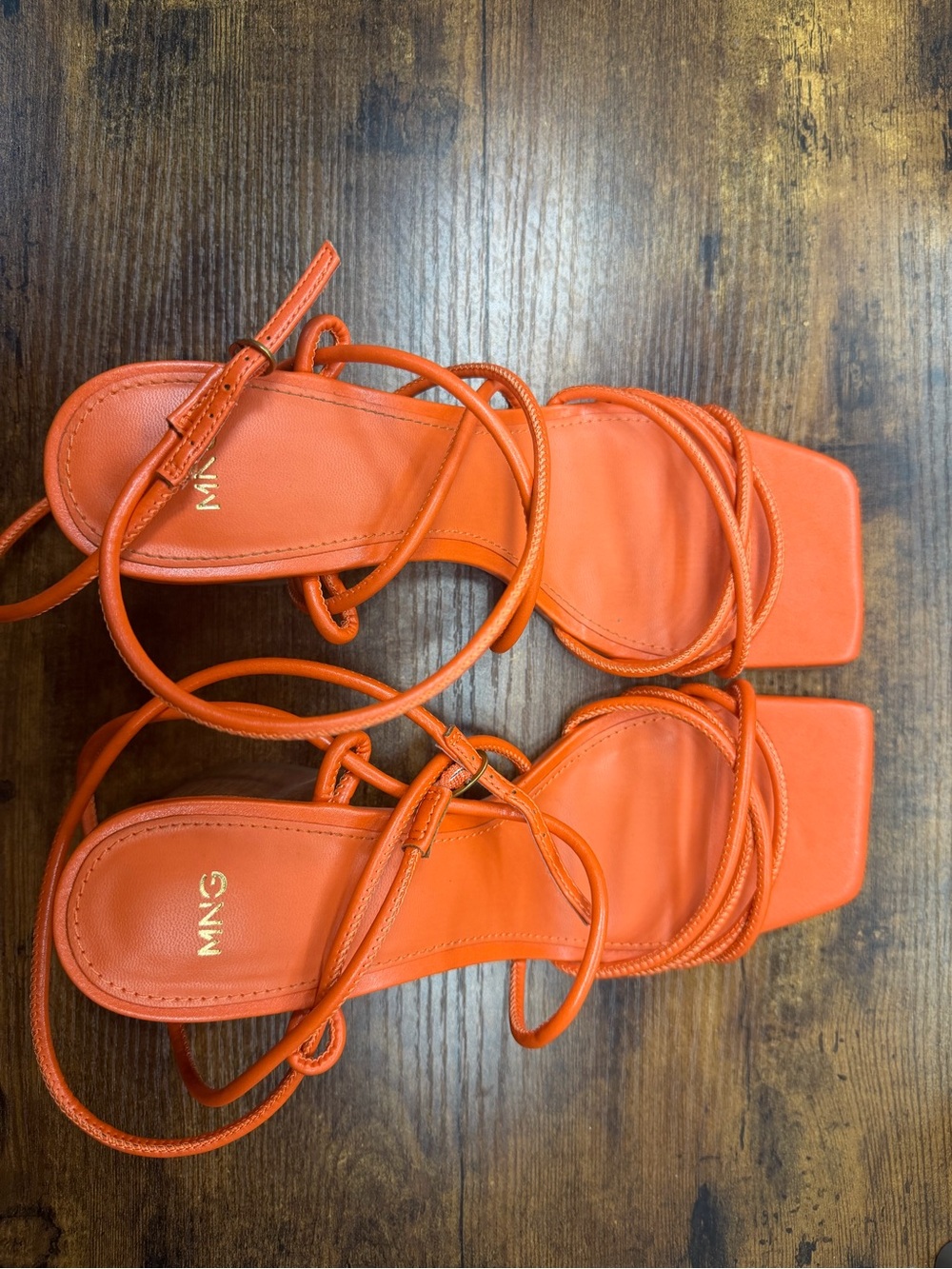 Mango Bright Orange Strappy Square-Toe Wrap Sandals